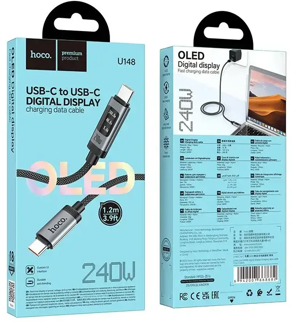 Duomenų kabelis su skaitmeniniu ekranu USB C į USB C Hoco PD 6A 240W 1,2 m U148 juodas
