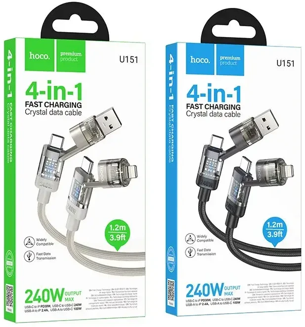 Kabelis 4in1 USB A/C į USB C/Lightning Hoco 240W 1,2 m U151 juodas