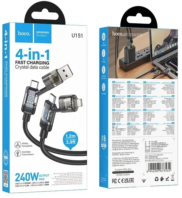Kabelis 4in1 USB A/C į USB C/Lightning Hoco 240W 1,2 m U151 juodas