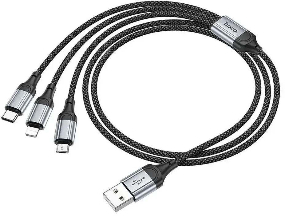 USB kabelis Hoco (X102) 3in1 lightning+microUSB+USB-C juodas 1m