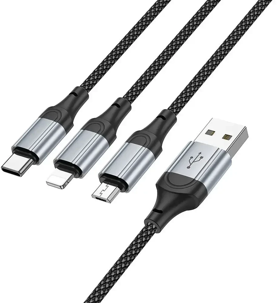 USB kabelis Hoco (X102) 3in1 lightning+microUSB+USB-C juodas 1m