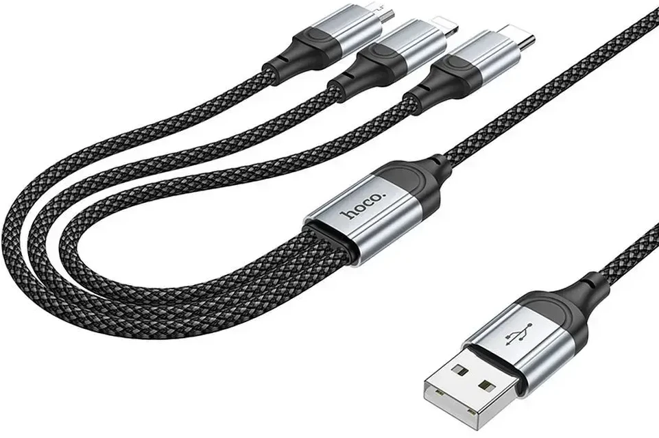 USB kabelis Hoco (X102) 3in1 lightning+microUSB+USB-C juodas 1m