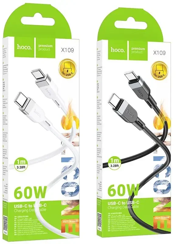 Silikoninis laidas USB C į USB C Hoco 3A 60W 1 m X109 baltas