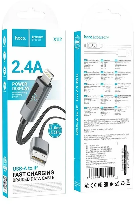 USB A laidas į „Lightning“ Hoco 2,4A su ekranu 1 m X112 juodas