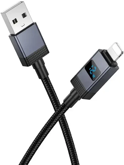 USB A tipo į „Lightning“ maitinimą maitinantis kabelis Hoco 2,4A su ekranu 1 m X118 juodas