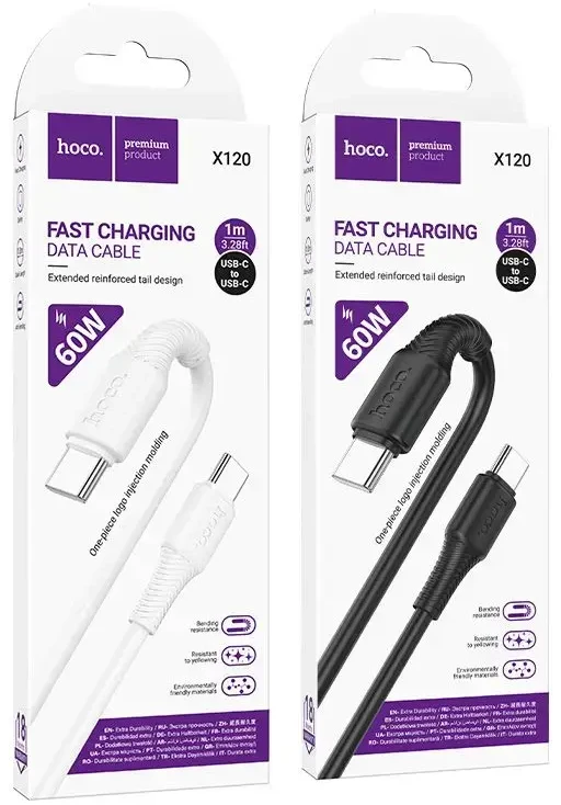 Cable USB C to USB C Hoco 3A 60W 1 m X120 juodas
