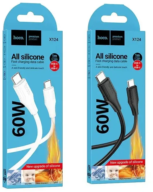 Silicone Cable USB C to USB C Hoco 3A 60W 1 m X124 baltas