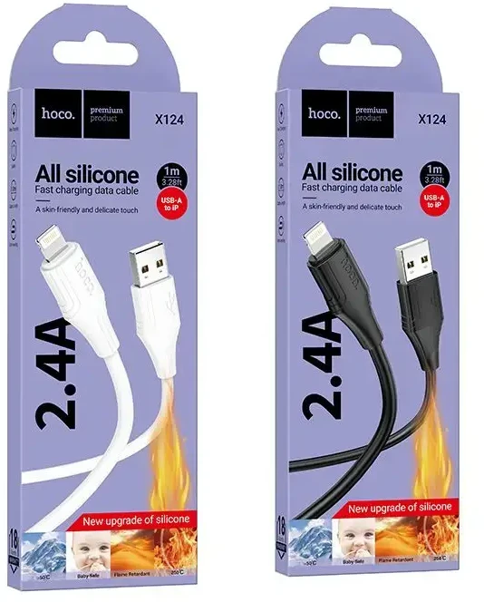Silikoninis laidas USB A į Lightning Hoco 2,4A 1 m X124 juodas