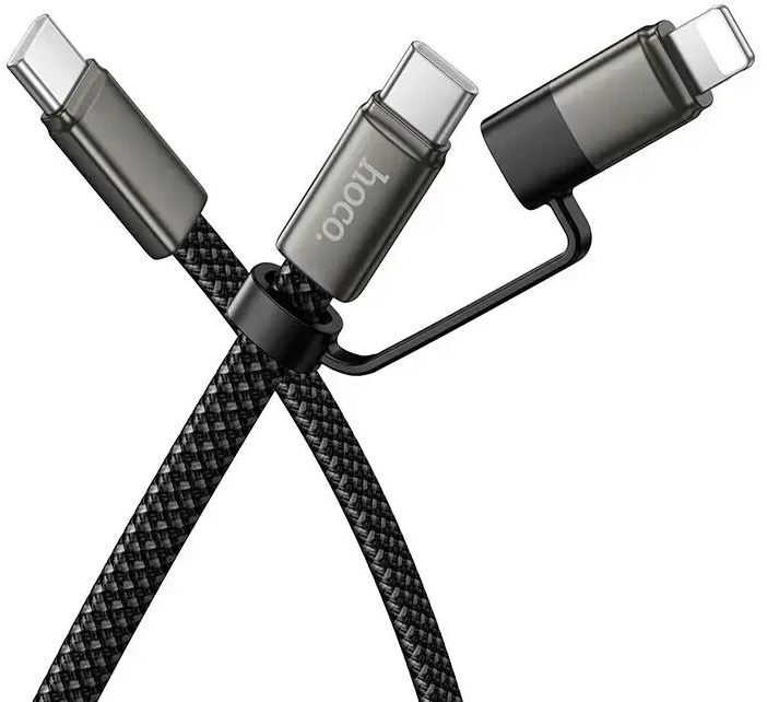 Plokščias kabelis USB C į USB C/iP 2in1 Hoco 3A 60W 1 m X125 juodas