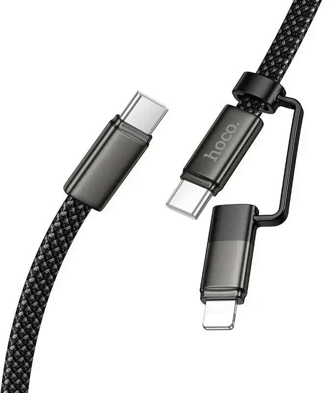 Plokščias kabelis USB C į USB C/iP 2in1 Hoco 3A 60W 1 m X125 juodas