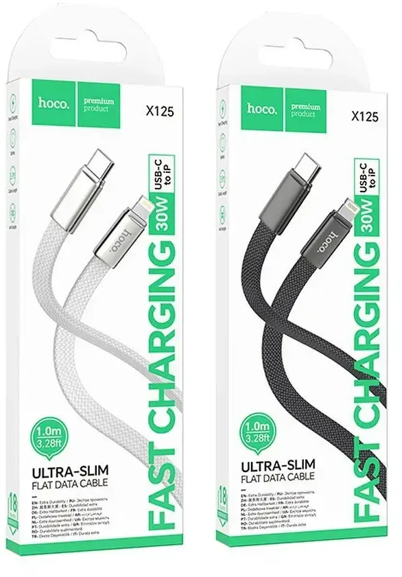 Plokščias kabelis USB C į USB C Hoco 3A 60W 1 m X125 baltas