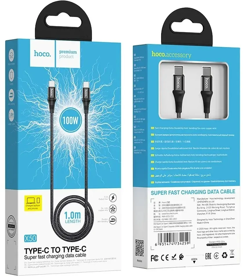 USB kabelis Hoco X50 Exquisito iš Type-C į Type-C 100W 1.0m juodas