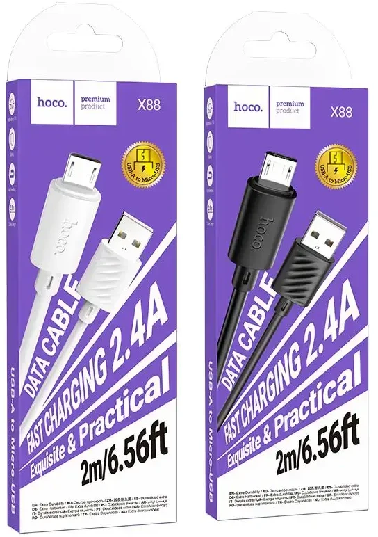 Cable USB A to Micro USB Hoco 2,4A 2 m X88 baltas