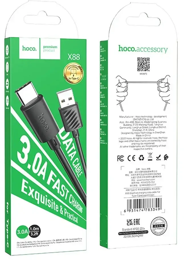 USB kabelis Hoco X88 type-C (3A) 1m juodas