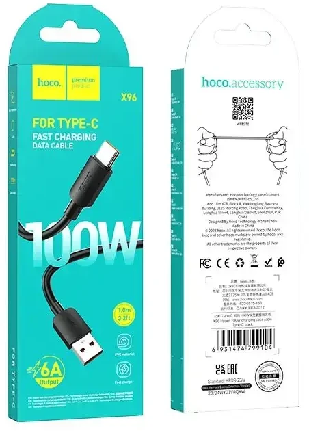Cable USB A to USB C Hoco PD 6A 100W 1 m X96 juodas
