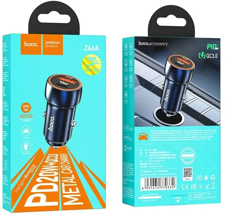 Automobilinis įkroviklis Hoco USB A + USB C PD QC3.0 3A 20W Z46A sapphire mėlynas