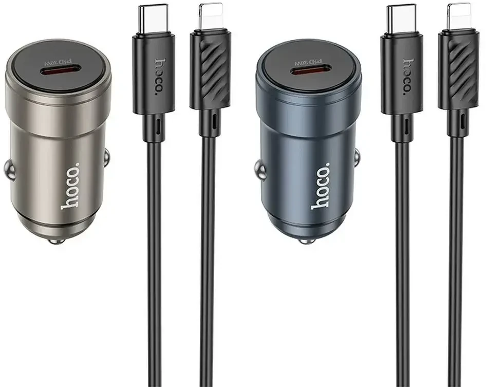 Automobilinis įkroviklis Hoco USB C QC3.0 PD 30W + laidas USB C - Lightning Z57 metalinis pilkas