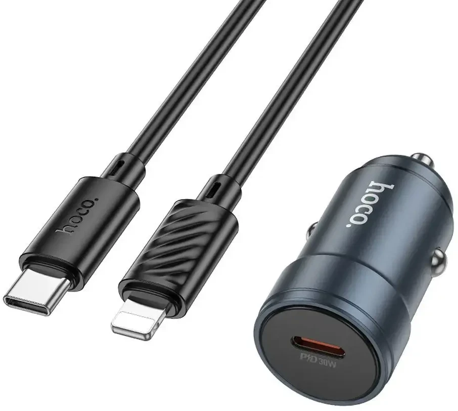 Automobilinis įkroviklis Hoco USB C QC3.0 PD 30W + laidas USB C - Lightning Z57 metalinis pilkas