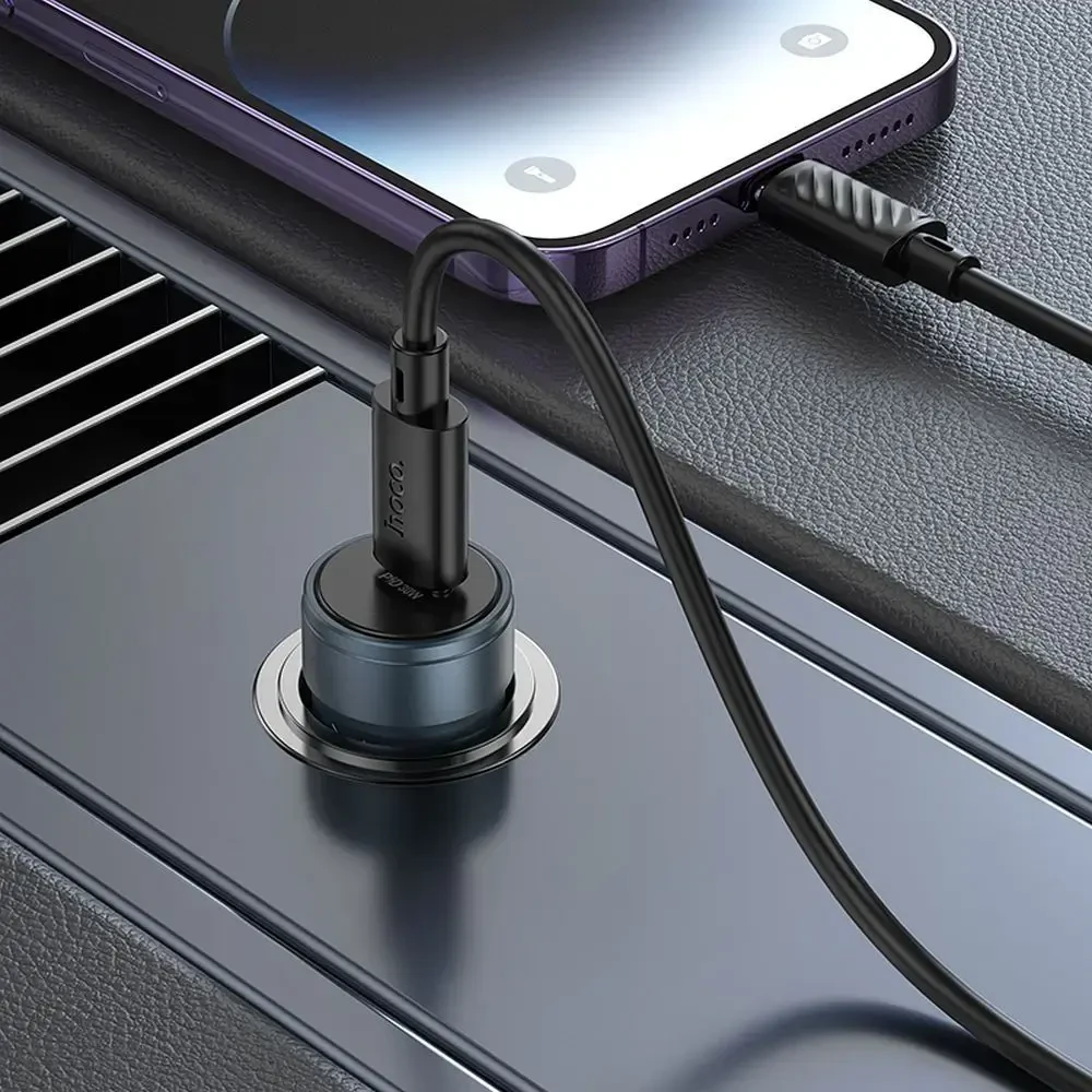 Automobilinis įkroviklis Hoco USB C QC3.0 PD 30W + laidas USB C - Lightning Z57 metalinis pilkas