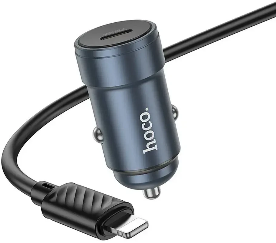 Automobilinis įkroviklis Hoco USB C QC3.0 PD 30W + laidas USB C - Lightning Z57 metalinis pilkas