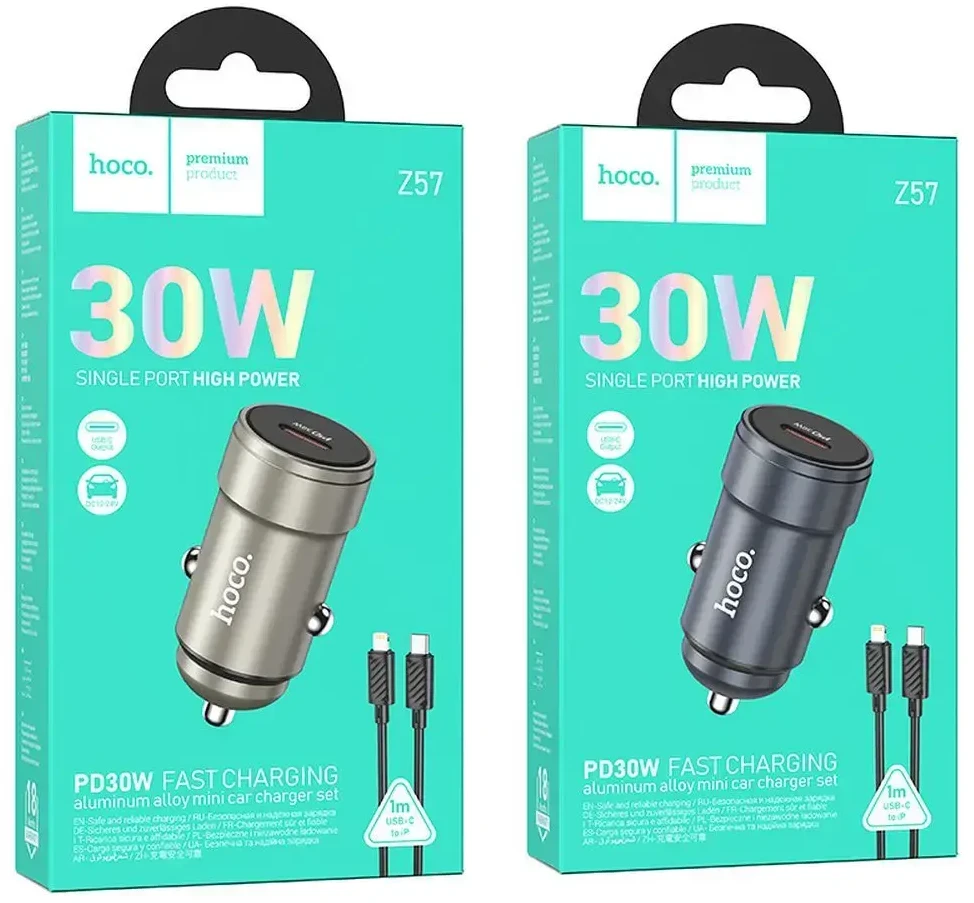 Automobilinis įkroviklis Hoco USB C QC3.0 PD 30W + laidas USB C - Lightning Z57 metalinis pilkas