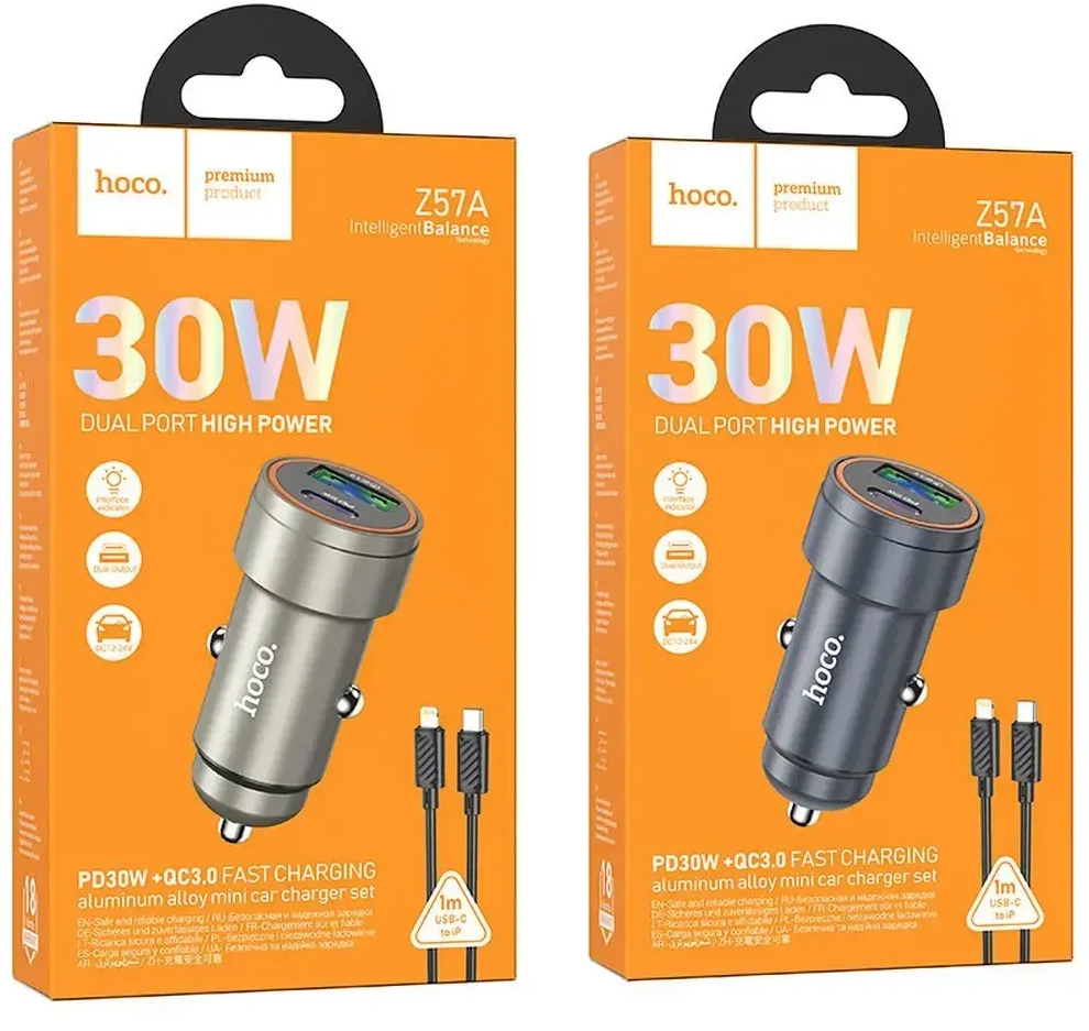 Automobilinis įkroviklis Hoco USB A + USB C QC3.0 PD 30W + laidas USB C - Lightning Z57A juodas
