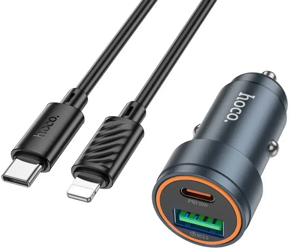 Automobilinis įkroviklis Hoco USB A + USB C QC3.0 PD 30W + laidas USB C - Lightning Z57A juodas