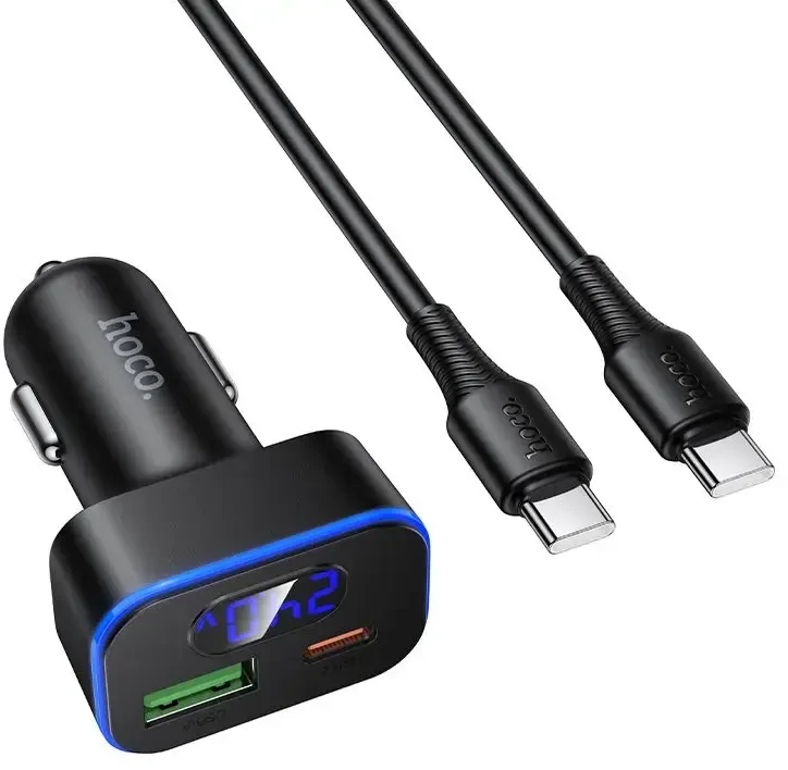 Automobilinis įkroviklis Hoco USB A + USB C PD QC3.0 48W + laidas USB C į C Z63B juodas