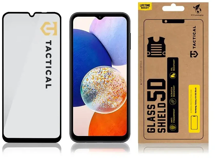 Tactical apsauginis stiklas Shield 5D skirtas Samsung Galaxy A14 4G/5G su juodos spalvos krašteliu
