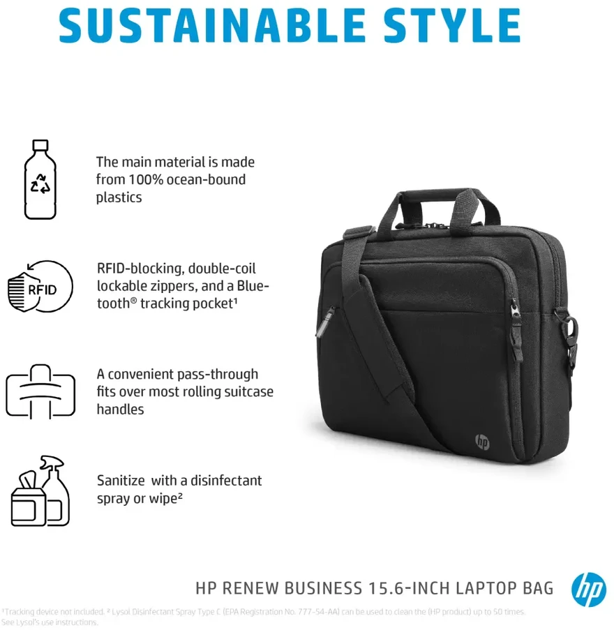 Hewlett Packard (HP) HP Verslo 15.6 viršutinio pakrovimo, RFID ir "Bluetooth" sekiklio kišenė, kabelio praėjimas, dezinfekuojamas – juodas