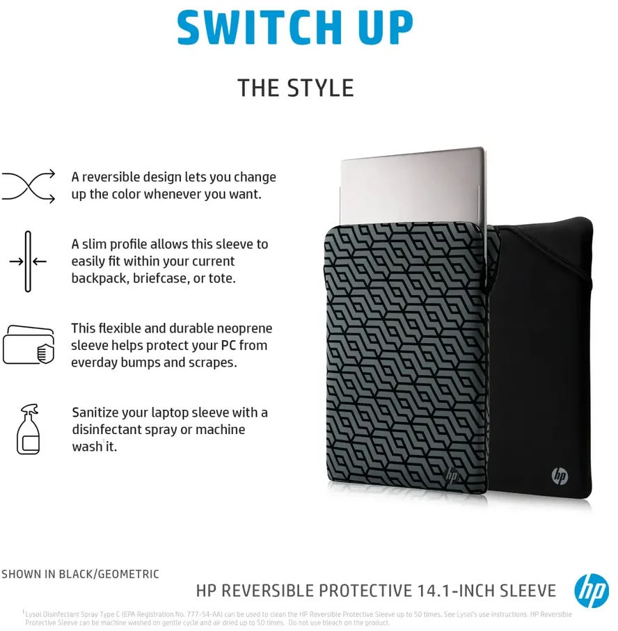 Hewlett Packard (HP) HP 14 apverčiama rankovė, dezinfekuojama – Juodas, geometrinis raštas