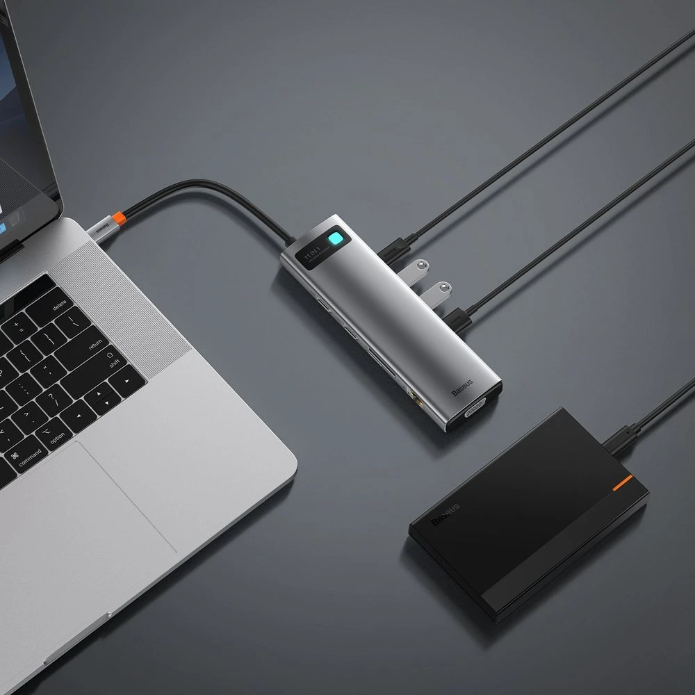 Šakotuvas 11in1 Baseus Metal Gleam Series USB-C į 3x USB 3.0 + 2x HDMI + USB-C PD + Ethernet RJ45 + Micro SD/SD + VGA + AUX