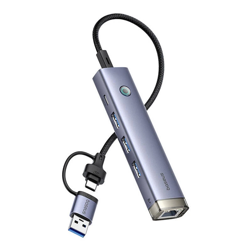 4in1 šakotuvas „Baseus UltraJoy“ su USB-A ir USB-C jungtimis, 3xUSB3.0+USB-C+RJ45 (pilkas)