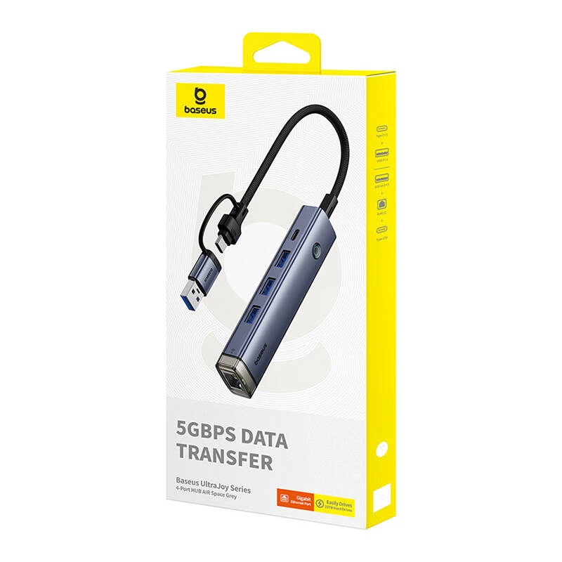 4in1 šakotuvas „Baseus UltraJoy“ su USB-A ir USB-C jungtimis, 3xUSB3.0+USB-C+RJ45 (pilkas)