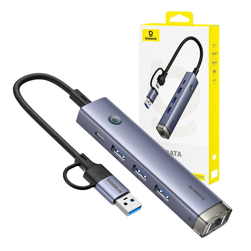 4in1 šakotuvas „Baseus UltraJoy“ su USB-A ir USB-C jungtimis, 3xUSB3.0+USB-C+RJ45 (pilkas)