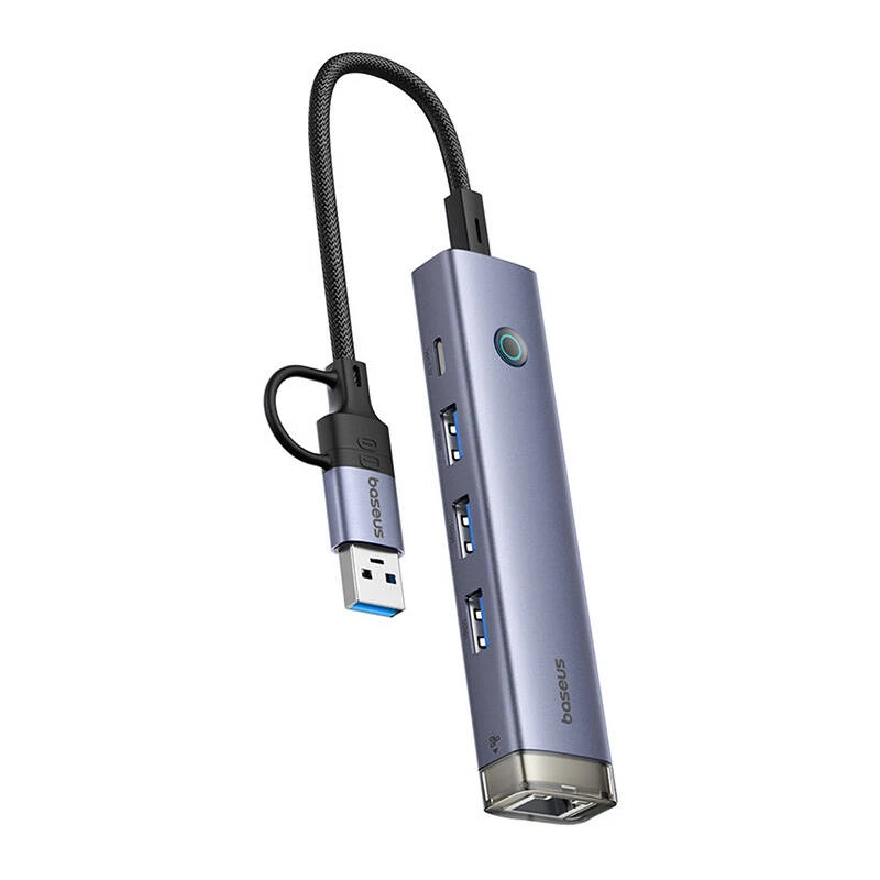 4in1 šakotuvas „Baseus UltraJoy“ su USB-A ir USB-C jungtimis, 3xUSB3.0+USB-C+RJ45 (pilkas)