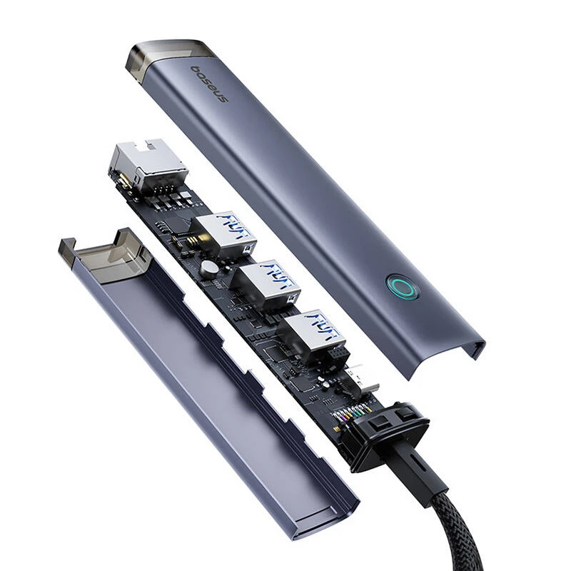 4in1 šakotuvas „Baseus UltraJoy“ su USB-A ir USB-C jungtimis, 3xUSB3.0+USB-C+RJ45 (pilkas)
