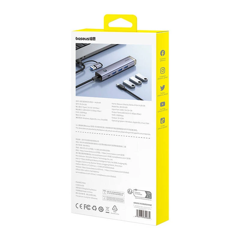 4in1 šakotuvas „Baseus UltraJoy“ su USB-A ir USB-C jungtimis, 3xUSB3.0+USB-C+RJ45 (pilkas)