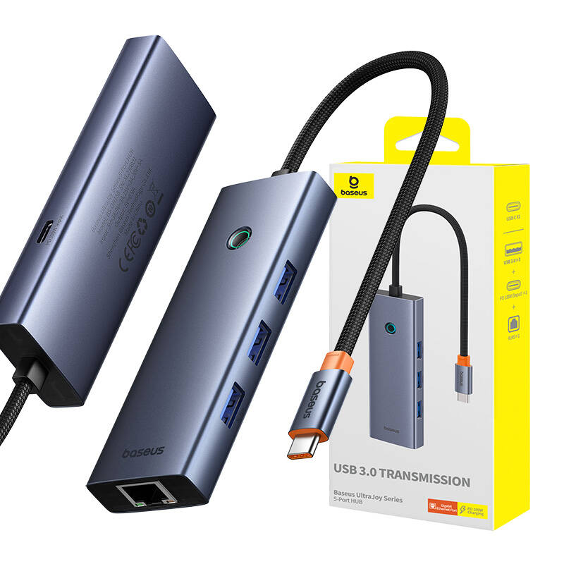 Hub 5in1 Baseus UltraJoy 5-Port (3xUSB3.0+RJ45+PD) pilka