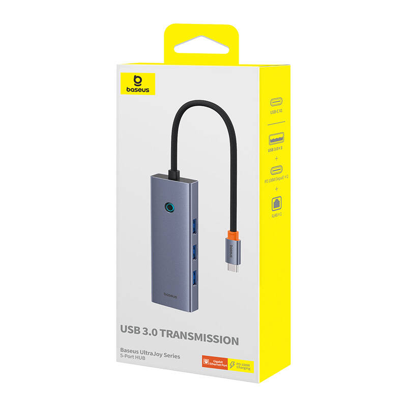 Hub 5in1 Baseus UltraJoy 5-Port (3xUSB3.0+RJ45+PD) pilka