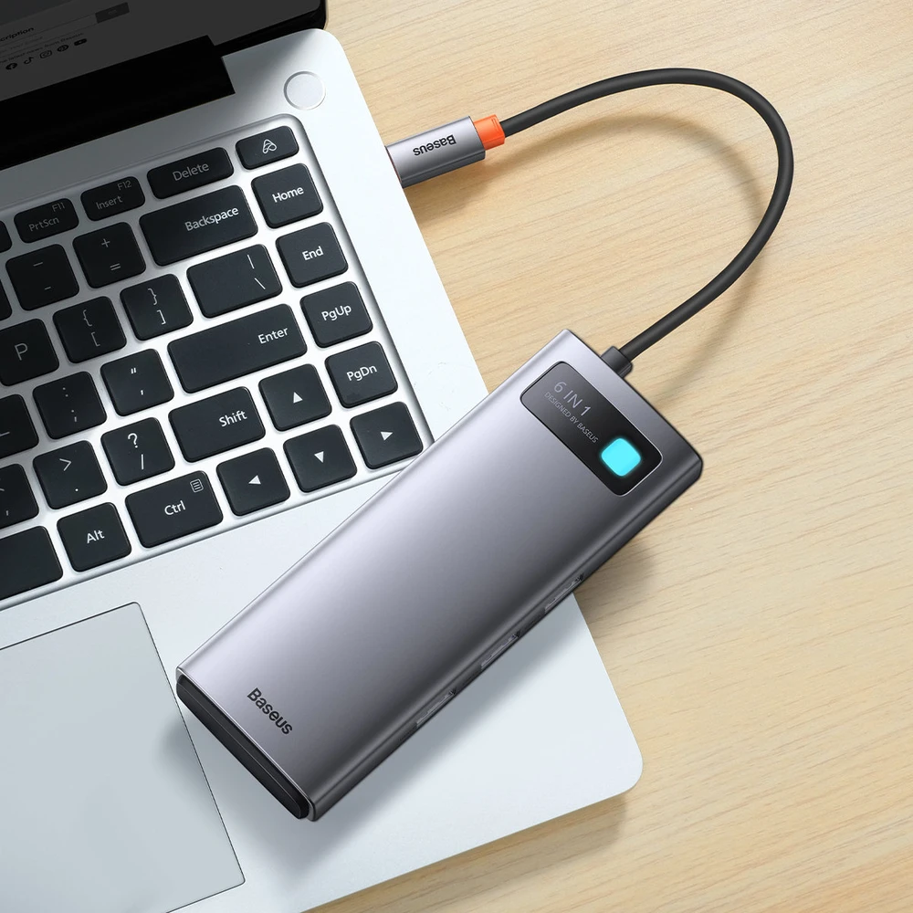 Adapteris 6in1 Baseus Metal Gleam Series USB-C į 3x USB 3.0 + USB-C PD + Micro SD/SD