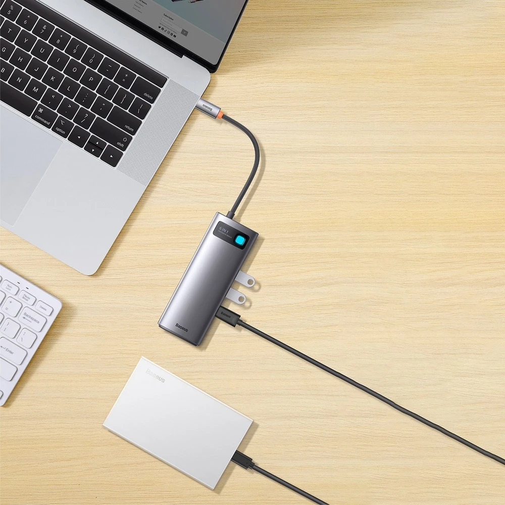 Adapteris 6in1 Baseus Metal Gleam Series USB-C į 3x USB 3.0 + USB-C PD + Micro SD/SD