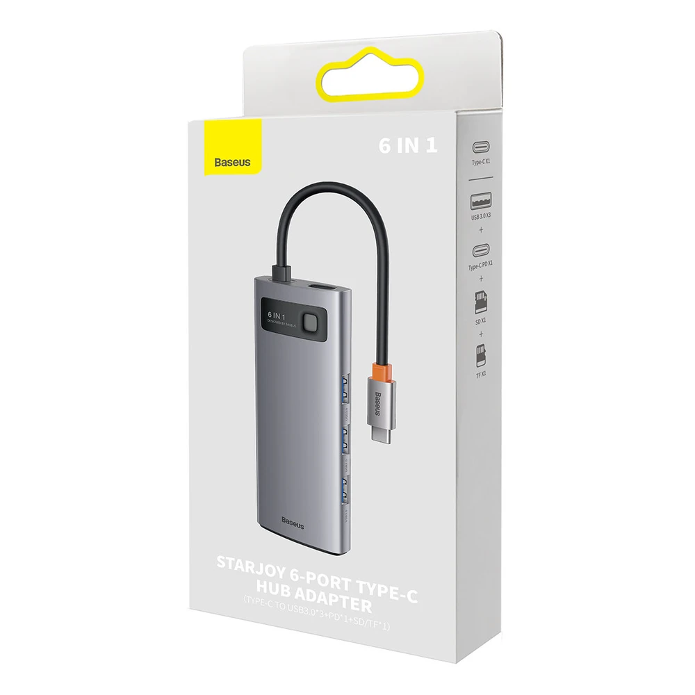 Adapteris 6in1 Baseus Metal Gleam Series USB-C į 3x USB 3.0 + USB-C PD + Micro SD/SD
