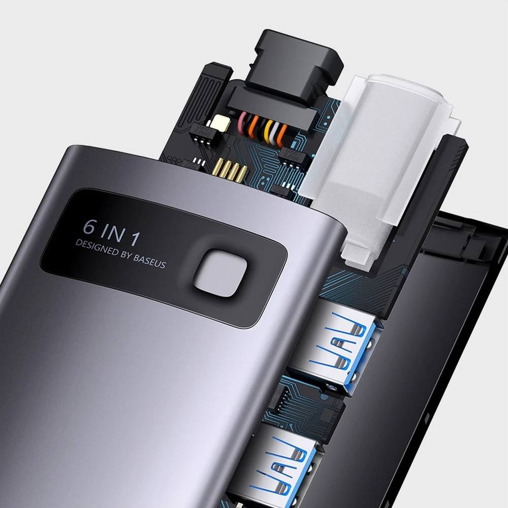 Adapteris 6in1 Baseus Metal Gleam Series USB-C į 3x USB 3.0 + USB-C PD + Micro SD/SD