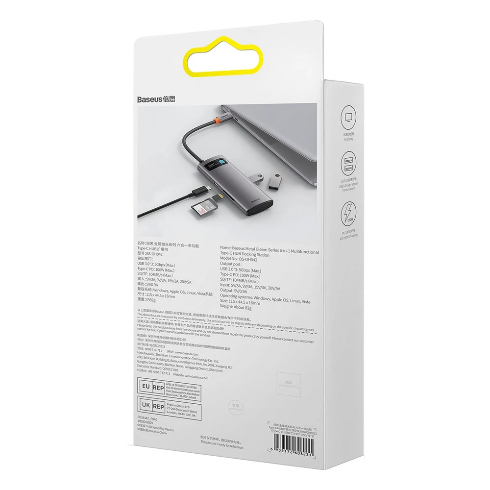 Adapteris 6in1 Baseus Metal Gleam Series USB-C į 3x USB 3.0 + USB-C PD + Micro SD/SD