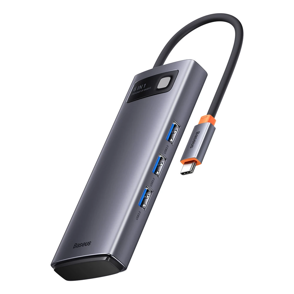 Adapteris 6in1 Baseus Metal Gleam Series USB-C į 3x USB 3.0 + USB-C PD + Micro SD/SD