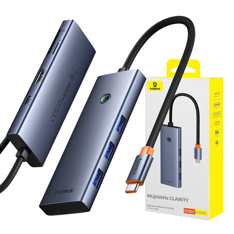 Hub 7in1 Baseus UltraJoy, USB-C – HDMI, VGA, 4xUSB 3.0, PD (pilka)