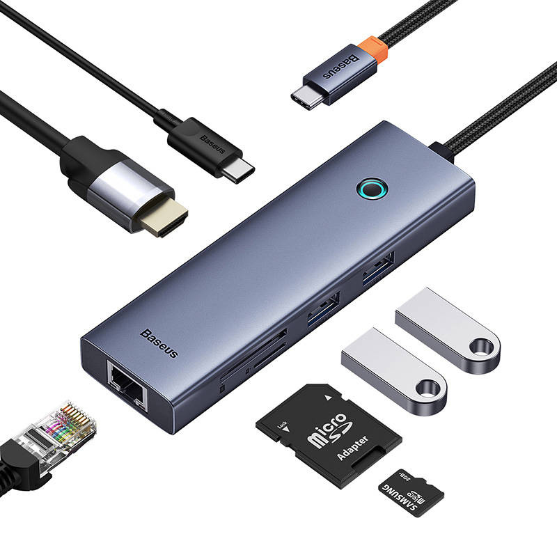 „Baseus UltraJoy“ 7 prievadų šakotuvas 7w1 (USB-C į 1xHDMI4K@30Hz + 2xUSB 3.0 + 1xPD +RJ45 + SD/TF3.0)