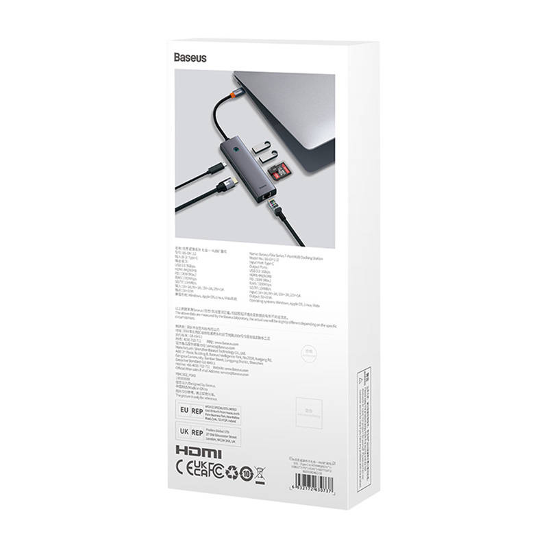 „Baseus UltraJoy“ 7 prievadų šakotuvas 7w1 (USB-C į 1xHDMI4K@30Hz + 2xUSB 3.0 + 1xPD +RJ45 + SD/TF3.0)