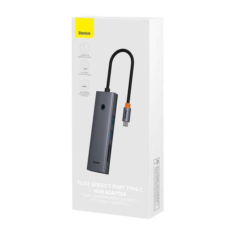 „Baseus UltraJoy“ 7 prievadų šakotuvas 7w1 (USB-C į 1xHDMI4K@30Hz + 2xUSB 3.0 + 1xPD +RJ45 + SD/TF3.0)